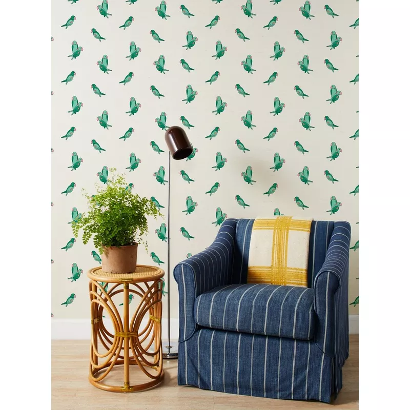 ‘Alexandrine Parakeet Small’ Grasscloth Wallpaper by Tea Collection