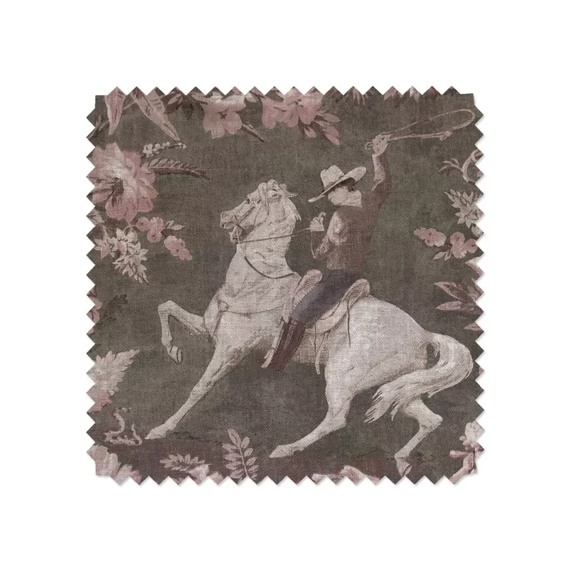 ‘Cowboy Toile’ Linen Fabric by Nathan Turner – Pink Brown