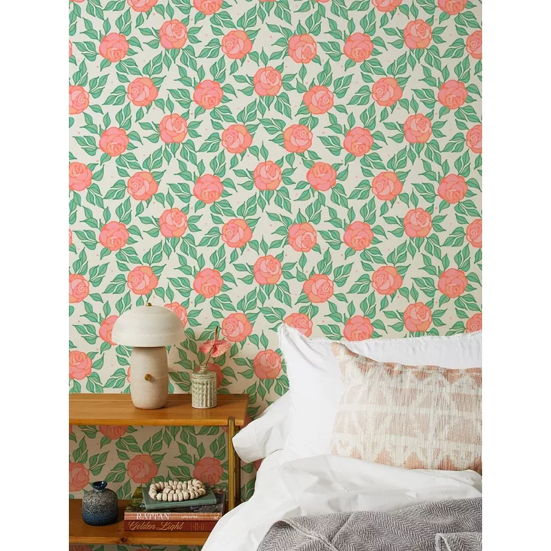 ‘Groovy Floral’ Grasscloth Wallpaper by Barbie – Watermelon